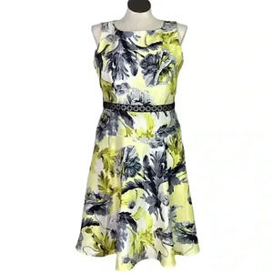 Dressbarn Dress Women 16 Multicolor Fit Flare Floral Sleeveless Lined Linen Look